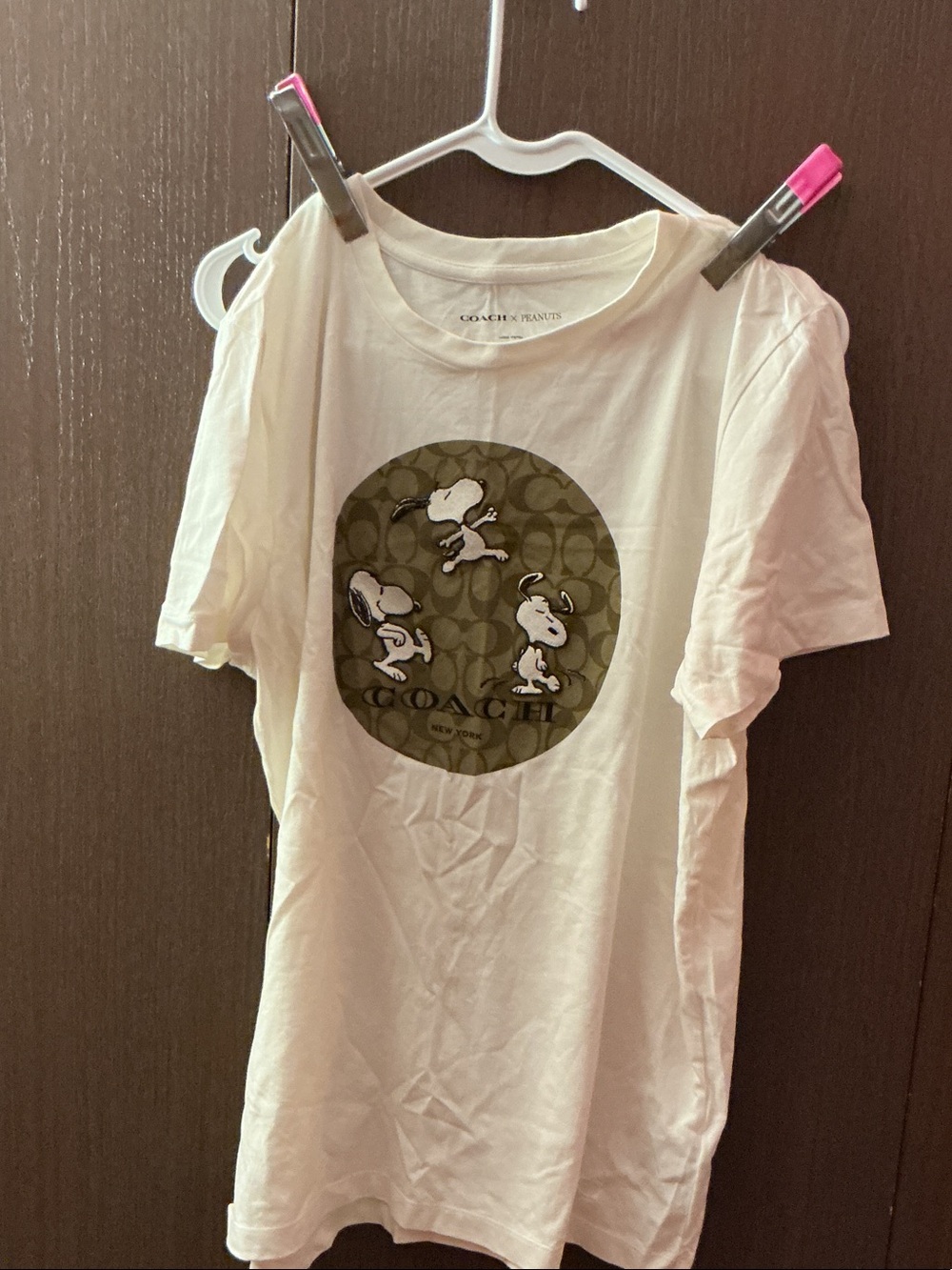 Coach White Short Sleeve Tee with Brown Signature Circle and Snoopy Motif